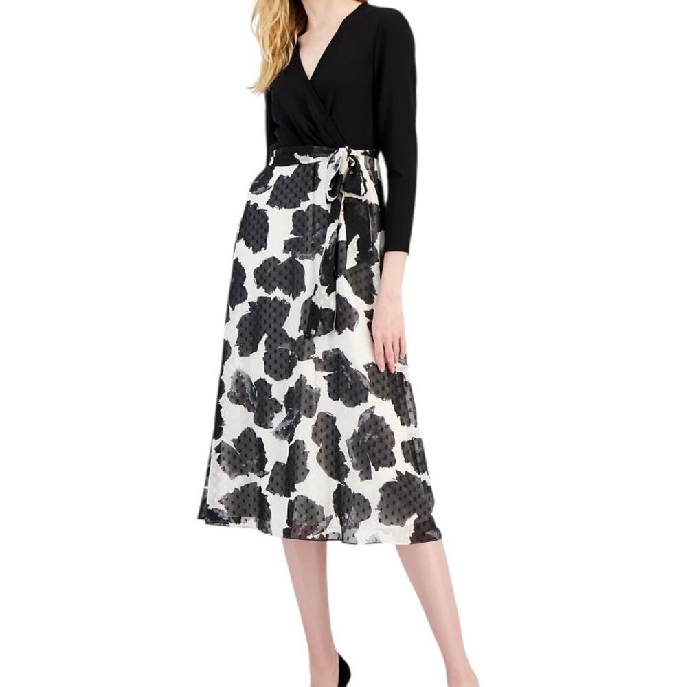 Anne Klein Women’s 3/4 Sleeve Faux Wrap Dress Black Size M